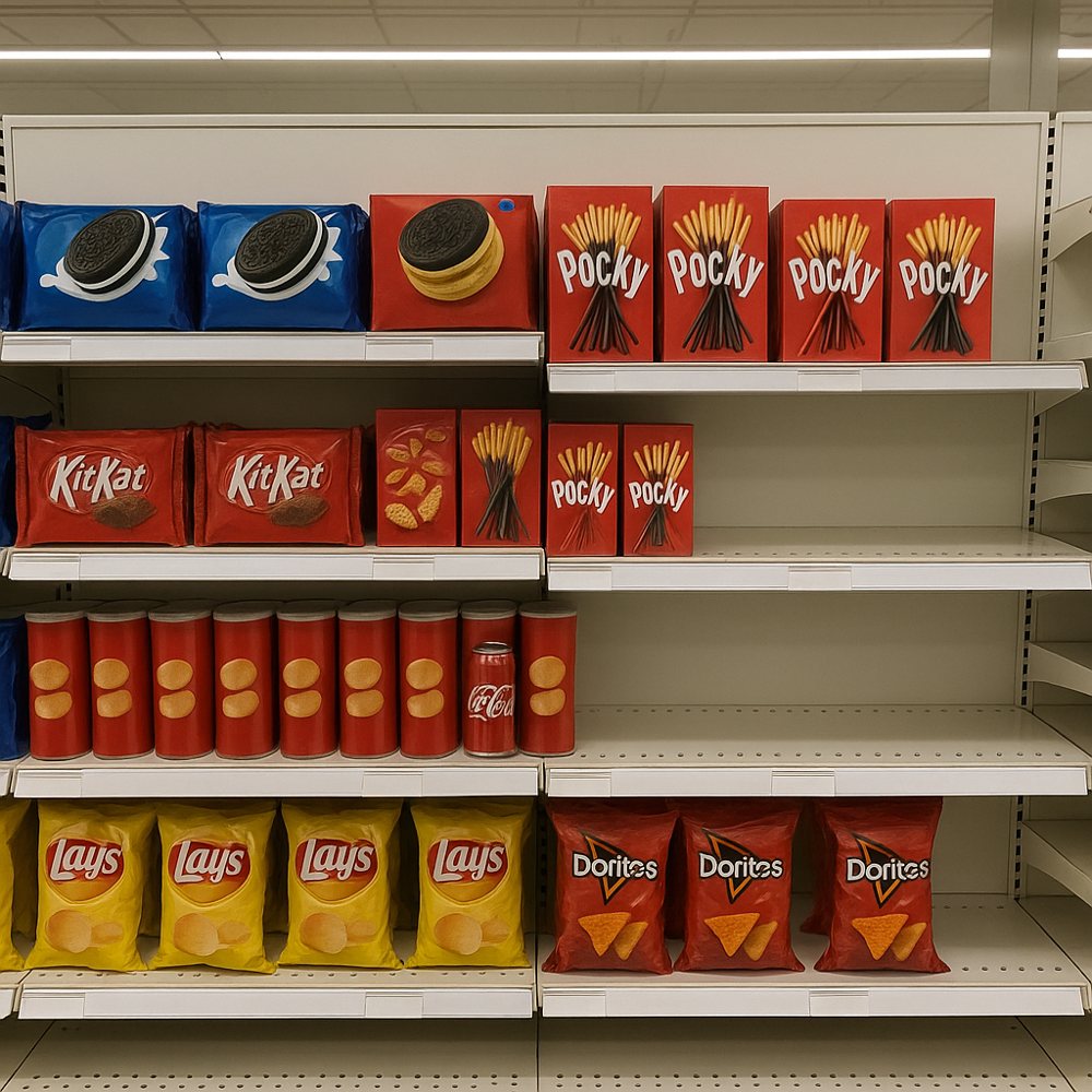 A staff phone photo of a snack aisle: empty Pocky, Pringles and Doritos facings, and a Coke can in the Pringles row